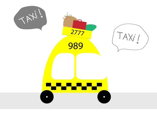 Coche de taxi amarillo de dibujos animados sobre un fondo blanco. Ilustración vectorial . — Vector de stock