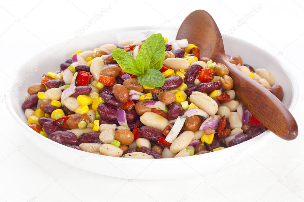 Three Bean Salad in a Bowl with a Spoon