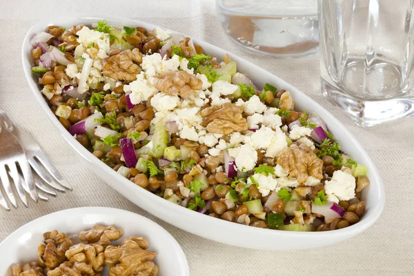 Салат из чечевицы с грецкими орехами, Фета и сельдерей — стоковое фото