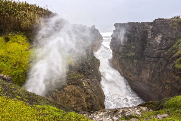 Blowhole στο τηγανίτα βράχους, Punakaiki Νέας Ζηλανδίας — Φωτογραφία Αρχείου