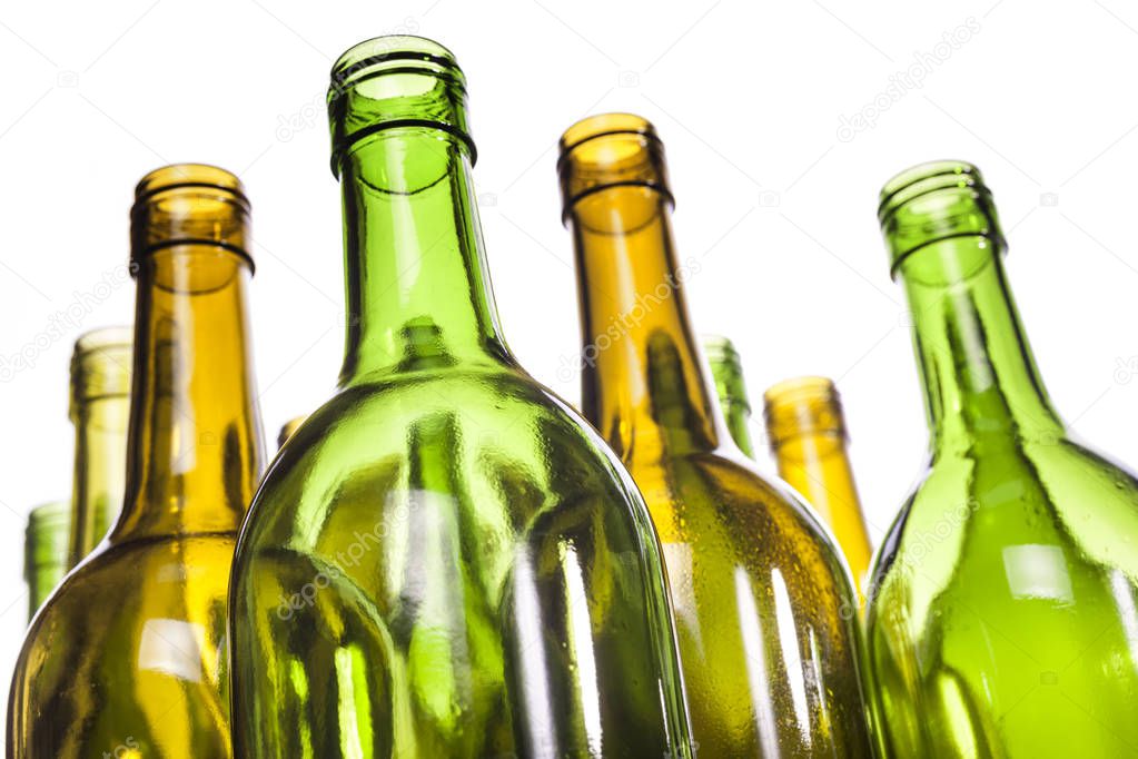 Empty Glass Wine Bottles on White