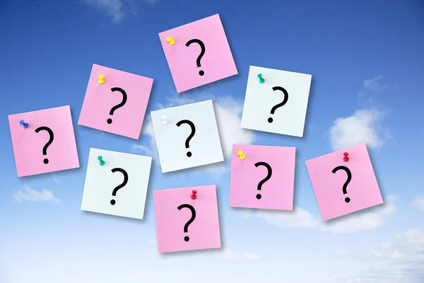 Question Concept on Blue Sky with Post It Notes — Stock Photo, Image