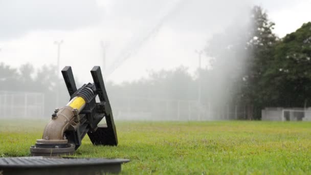 Watering Green Football Field Sprinklers Spraying Water Green Grass — Stock Video