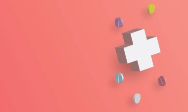 Kırmızı arka planda 3D elementlere sahip dünya sağlık günü tasarımı, İlaçlar ve haplar, Tıbbi sağlık hizmetleri