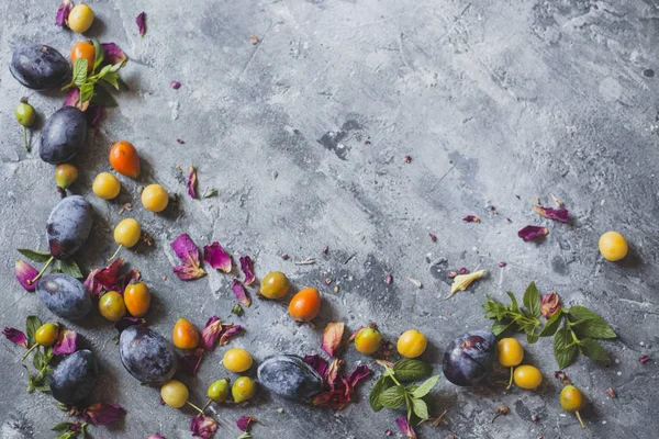 mavi ve Sarı Erik gri bir arka plan üzerinde dağınık