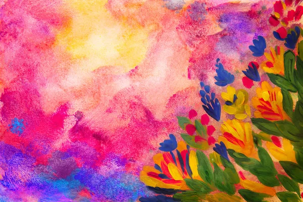 多色的春天纹理与花由水彩画 — 图库照片