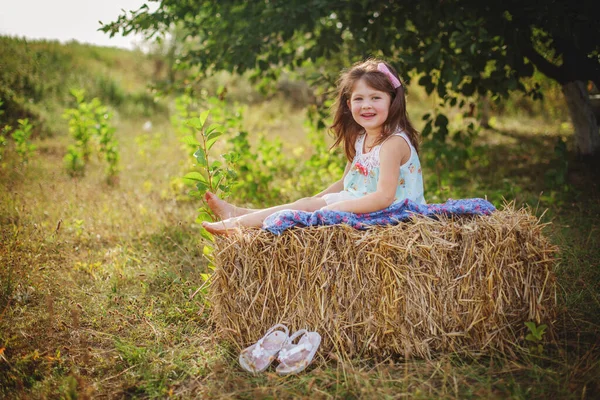 Portrait Smiling Pretty Girl Dark Long Hair Sitting Barefoot Haystack — Stock Photo, Image