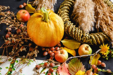 Tekstil, balkabağı, elma, fındık ve kurumuş çiçek masasında sonbahar kompozisyonu.