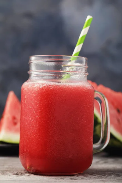 Smoothies Cooked Watermelon Transparent Jar Wooden Table Close — Stock Photo, Image