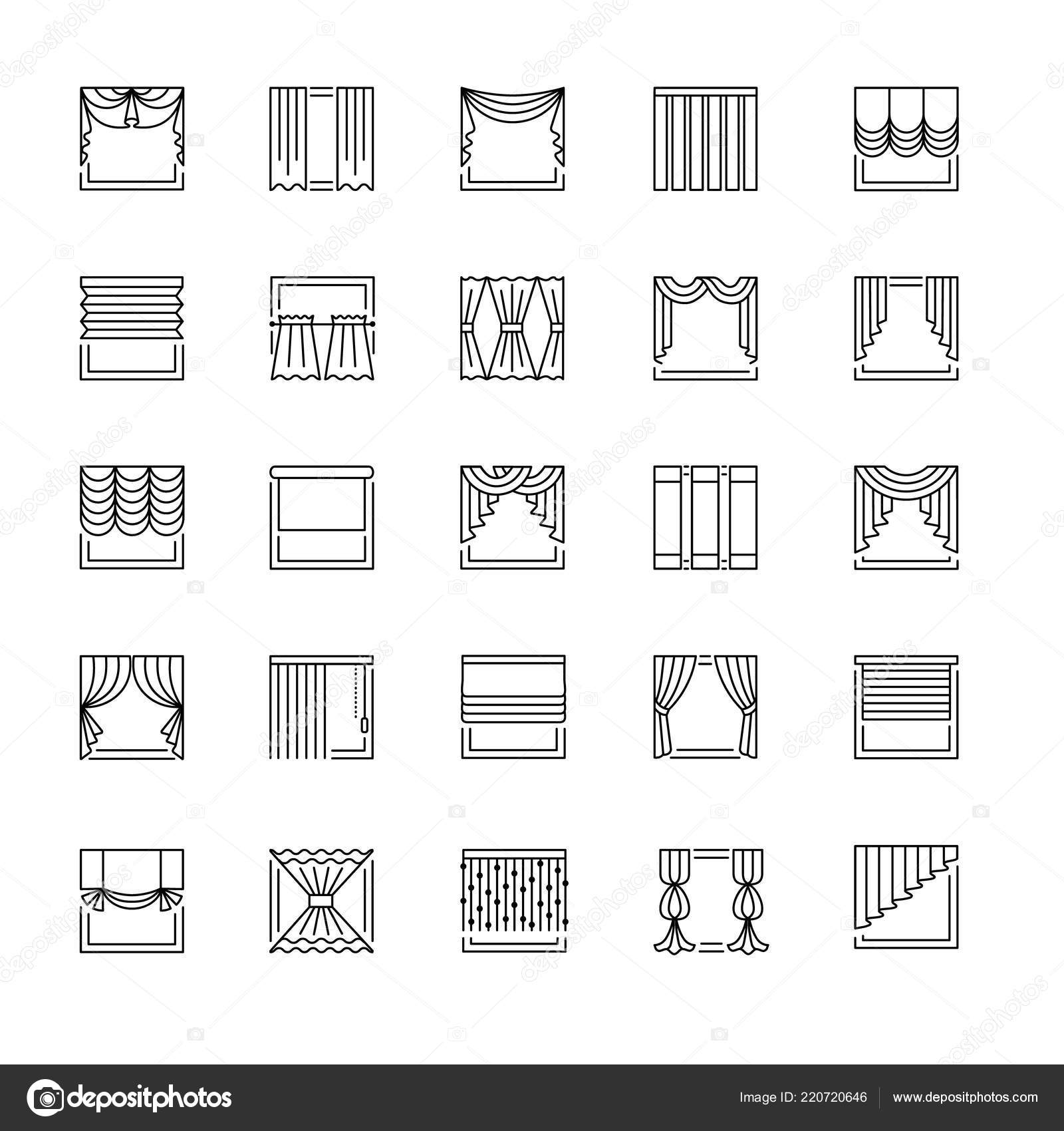 Vector Line Icons Drapes Window Covering Different Styles
