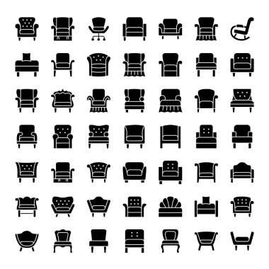Koltuklar, salonlar ve recliners. Oturma odası ve veranda mobilya yastıklı. Klasik ve modern rahat sandalye çeşitleri. Önden görünüm. İç öğeleri. Düz simgeler. Vektör çizim