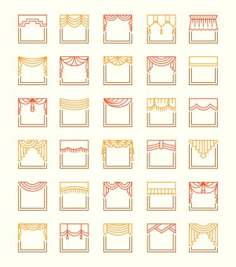 Vector line icons with valances and pelmets. Window top treatments. Different styles of draperies and blinds. Swag, fan, straight, scalloped, pleat. Elements for interior decoration. clipart