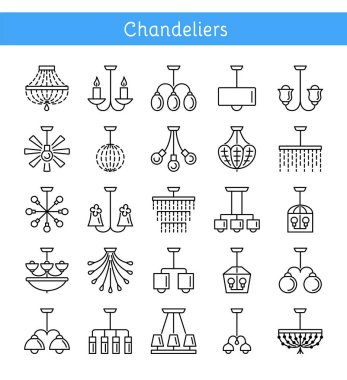 Modern ve klasik tavan lambaları. Asılı ışık fikstür kümesi. Avizeler farklı türleri. Ev ve ofis aydınlatma. Vektör Icon collection. Beyaz arka plan üzerinde izole nesneleri.