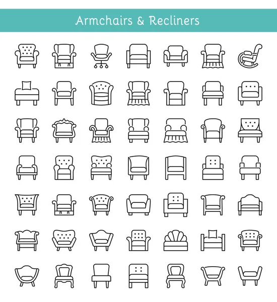 Koltuklar, salonlar ve recliners. Oturma odası ve veranda mobilya yastıklı. Klasik ve modern rahat sandalye çeşitleri. Önden görünüm. İç öğeleri. Satır simgeler. Vektör çizim