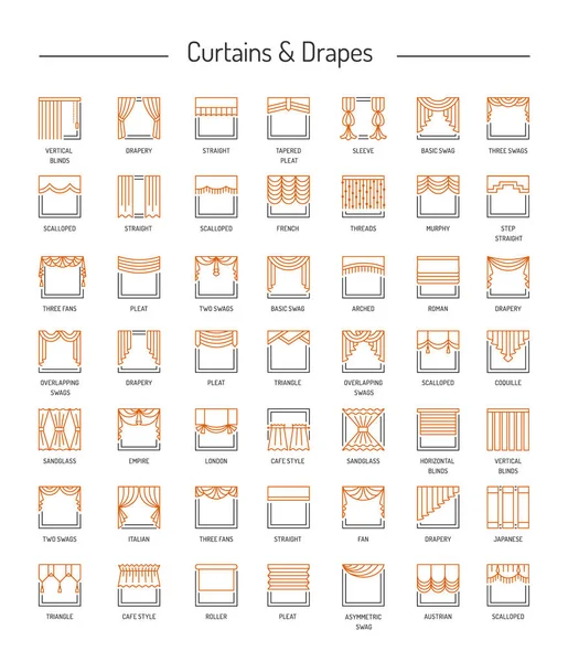 Farklı pencere perdeler, valances, perdeler, perde. Saçakların ve gölgeler. Ev dekor öğeleri. Satır Icon set. Vektör çizim.