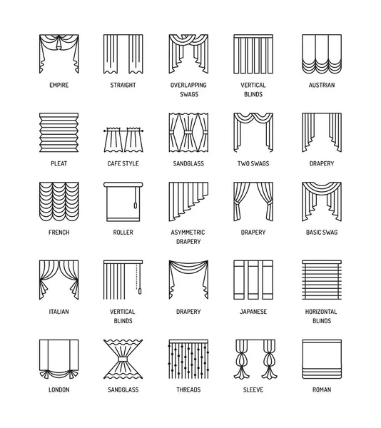 Perdeler ile vektör hat simgeler. Pencere kapsayan. Farklı stilleri draperies, perde ve güneşlik. Roman, Fransız, silindir, pli, Japon, konu. İç dekorasyon için öğeleri.