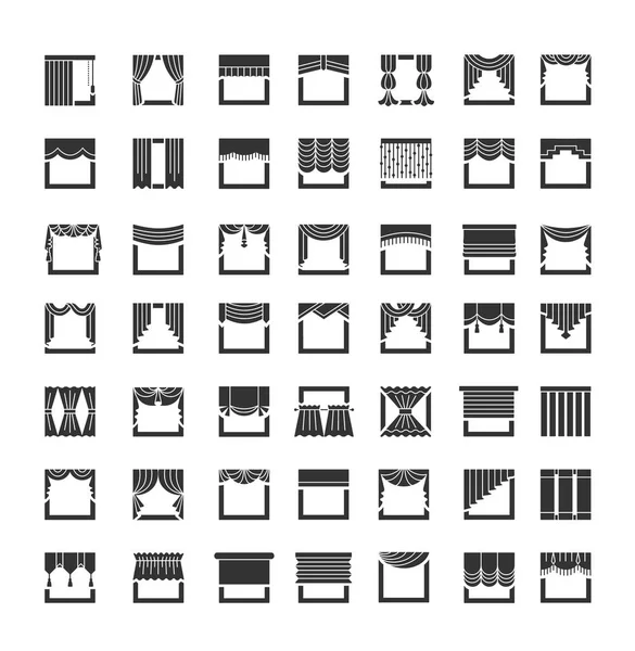 Pencere draperies, valances, perde, güneşlik. İç tasarım öğeleri. Düz Icon set. Vektör çizim