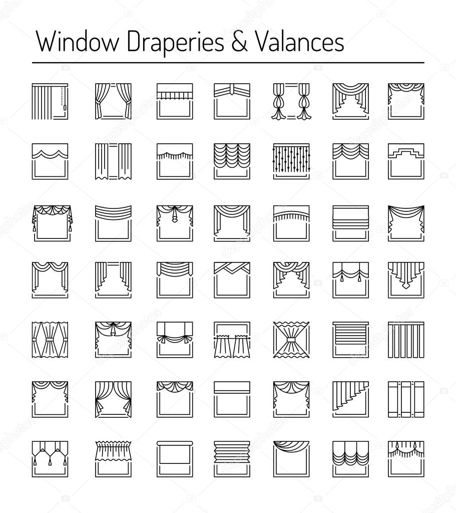 Window draperies, valances, curtains, blinds. Interior design elements. Black line icon set. 