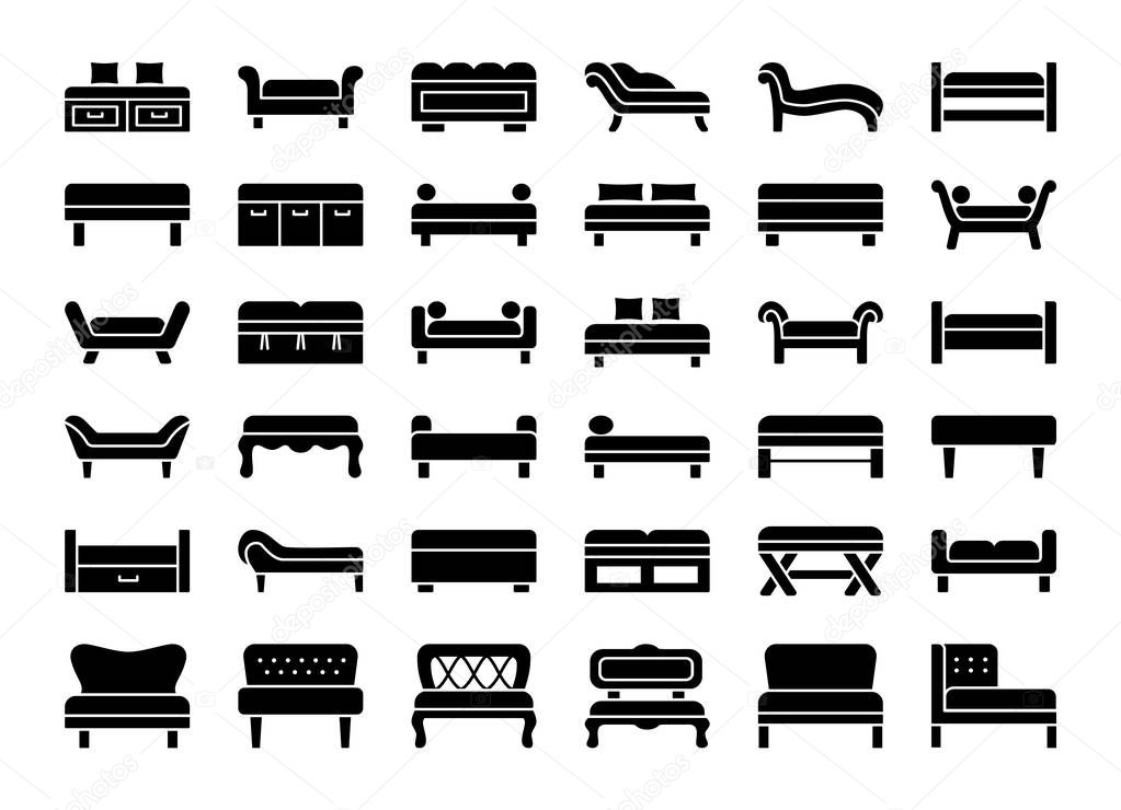 Upholstered Benches & Couches. Living room, bedroom, entrance & patio furniture. Different kinds of classic and modern settees. Lounges & daybeds. Front view. Vector icon collection. 