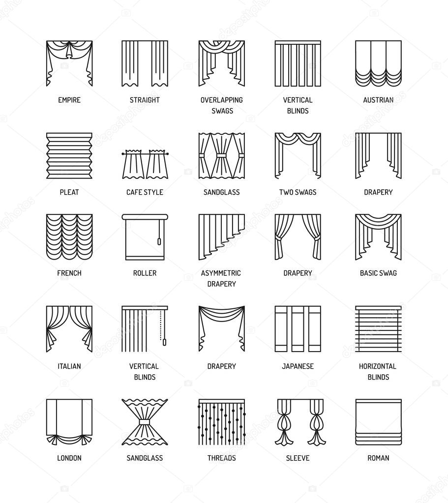 Vector line icons with drapes. Window covering. Different styles of draperies, curtains and blinds. Roman, french, roller, pleat, japanese, threads. Elements for interior decoration.