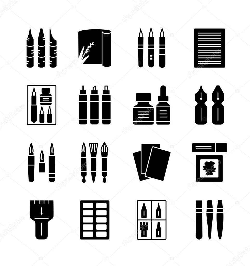 Calligraphy tools and materials. Vector icon collection. Brush and nib pens for handwriting and lettering. Items for drawing decorative antique letters. Stationery elements