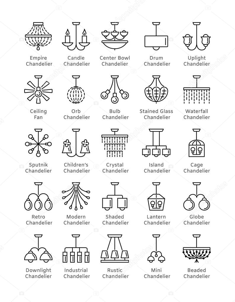 Modern & vintage ceiling lamps. Set of hanging light fixtures. Different types of chandeliers. Home & office lighting. Vector icon collection. Isolated objects on white background.