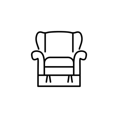 Siyah ve beyaz vektör çizim rahat RECLINER koltuk yüksek sırt ile. Kol sandalye koltuk satırı simgesi. Oturma odası ve yatak odası için mobilya döşeme. Beyaz arka plan üzerinde izole nesne 