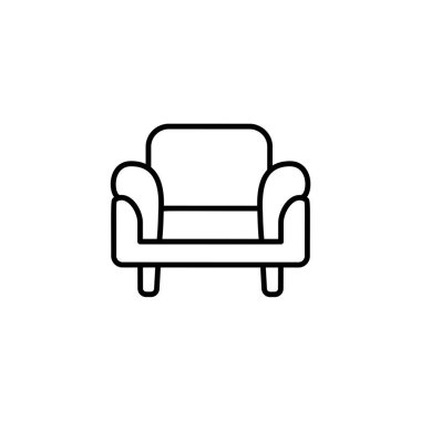 Siyah ve beyaz vektör çizim rahat koltuk. Kol sandalye koltuk satırı simgesi. Oturma odası ve yatak odası için mobilya döşeme. Beyaz arka plan üzerinde izole nesne 