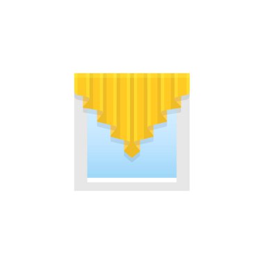 Sarı Kumaş perde merkezi perdelik ile. Kör jabot çağlayan ile. Vektör çizim. Gölge düz simgesi. Ev ve ofis pencere dekorasyon unsuru. Önden görünüm.