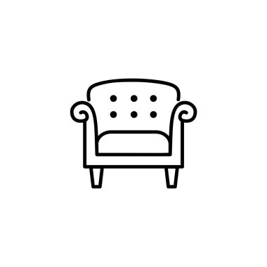 Siyah ve beyaz vektör Illustration vintage tarzı deri koltuk. Retro kol sandalye koltuk satırı simgesi. Oturma odası ve yatak odası için mobilya döşeme. Beyaz arka plan üzerinde izole nesne 