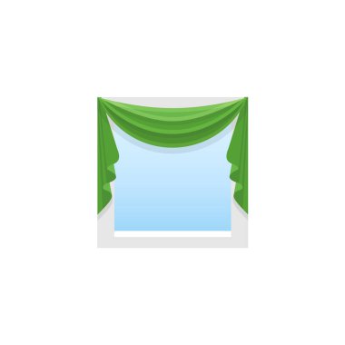 Yeşil kumaş perde perde ile. Merkezi simetrik yağma ile dekorlarıve. Vektör çizim. Düz simgesi kör. Ev ve ofis pencere dekorasyon unsuru. Önden görünüm.