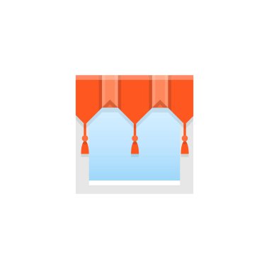 Kırmızı kumaş perde perdelik pileler ve püsküllü. Vektör çizim. Üçgen dekorlarıve düz simgesi. Ev ve ofis pencere dekorasyon unsuru. Önden görünüm.