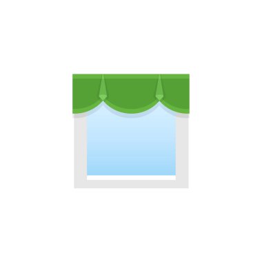 Yeşil kumaş dekorlarıve. Vektör çizim. Taraklı valance düz simgesi. Ev ve ofis üst pencere dekorasyon unsuru. Önden görünüm.