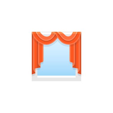 Perdelik kumaş kırmızı eşarp perde. Vektör çizim. Yağma ve cascade gölge düz simgesi. Ev ve ofis pencere dekorasyon unsuru. Önden görünüm.