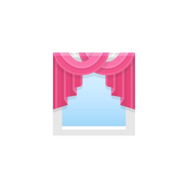 Perdelik kumaş kırmızı eşarp perde. Vektör çizim. Yağma ve cascade gölge düz simgesi. Ev ve ofis pencere dekorasyon unsuru. Önden görünüm.