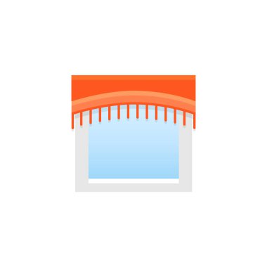 Kırmızı kumaş kemerli saçak saçak ile. Vektör çizim. Dekorlarıve düz simgesi. Ev ve ofis üst pencere dekorasyon unsuru. Önden görünüm.