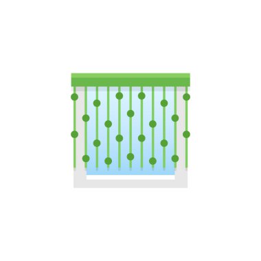 Yeşil iş parçacığı perde boncuk ile. Vektör çizim. Dize gölge düz simgesi. Ev ve ofis pencere dekorasyon unsuru. Önden görünüm.