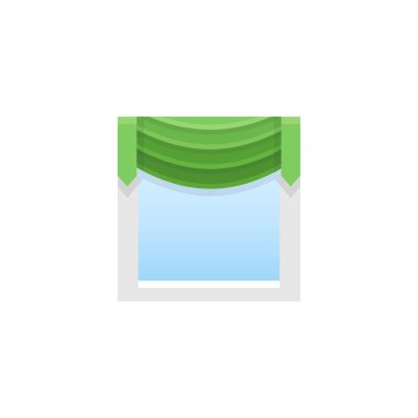 Merkez yağma ile yeşil kumaş valance. Vektör çizim. Dekorlarıve düz simgesi. Ev ve ofis pencere dekorasyon unsuru. Önden görünüm.