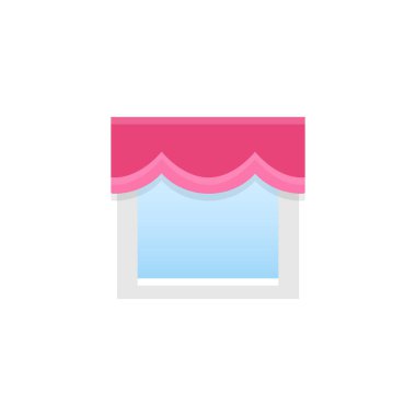 Kırmızı kumaş taraklı valance. Vektör çizim. Dekorlarıve düz simgesi. Ev ve ofis pencere dekorasyon unsuru. 