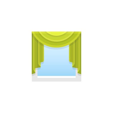 Yeşil kumaş perde merkezi yağma perdelik ile. Vektör çizim. Gölge düz simgesi. Ev ve ofis pencere dekorasyon unsuru. 