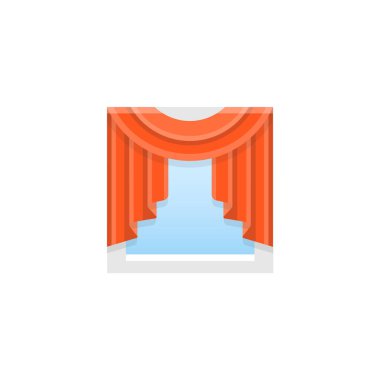 Kırmızı kumaş perde merkezi yağma perdelik ile. Vektör çizim. Gölge düz simgesi. Ev ve ofis pencere dekorasyon unsuru. 