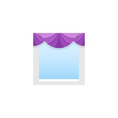 Perdelik ile mor kumaş valance. Vektör çizim. Dekorlarıve 3 hayranları ile düz simgesi. Ev ve ofis pencere dekorasyon unsuru. 