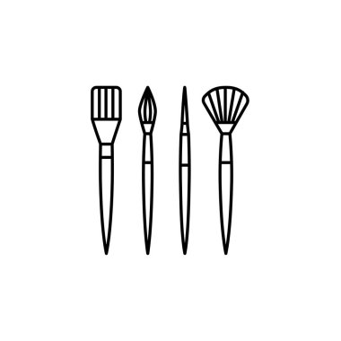 Siyah ve beyaz vektör Illustration farklı boya fırçaları. Yuvarlak, düz, fan ve donatıcı fırçaların satırı simgesi. Resim ve el sanatları için sanatsal araçlar. Beyaz arka plan üzerinde izole nesneleri. 