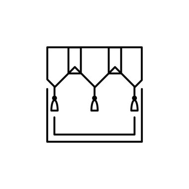 Kumaş perde perdelik pileler ve püsküllü. Vektör çizim. Üçgen dekorlarıve satırı simgesi. Ev ve ofis pencere dekorasyon unsuru. Önden görünüm. Beyaz arka plan üzerinde izole nesne.