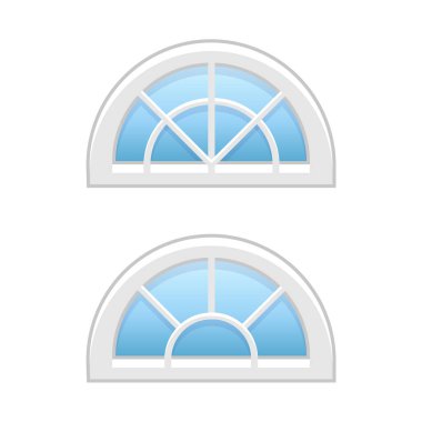 Vektör çizim yarım yuvarlak tavan vinil windows. Geleneksel alüminyum fanlight pencere mansard çatı katı ve kapı için radyal çubuklarla düz simgesi. Beyaz arka plan üzerinde izole nesneleri. 