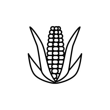 Siyah ve beyaz vektör Illustration Mısır yaprakları ve çekirdekleri ile kulak. Taze organik Mısır satırı simgesi. Vejetaryen ve vegan gıda. Sağlık beslenme madde. Beyaz arka plan üzerinde izole nesne. 