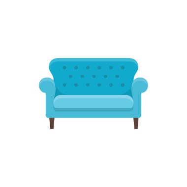 Blue bridgewater sofa. Vector illustration. Flat icon of settee. Element of modern home & office furniture. Front view. clipart