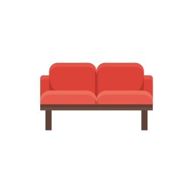 Red loveseat. Double sofa. Vector illustration. Flat icon of settee. Element of modern home & office furniture. Front view. clipart