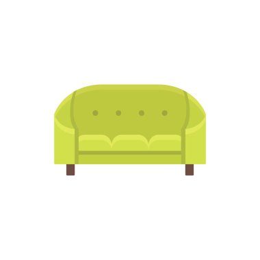 Yeşil cabriole. Püsküllü vintage kanepe. Vektör çizim. Kanepe düz simgesi. Retro ev ve ofis mobilya unsuru. Önden görünüm.