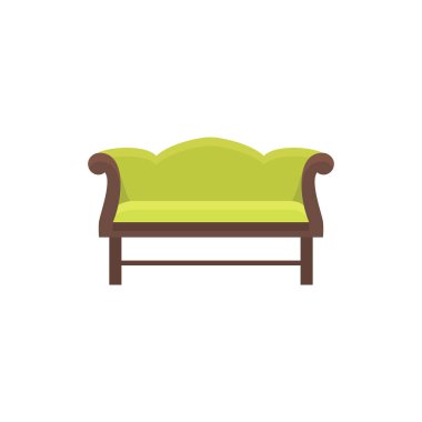Yeşil camelback kanepe. Vektör çizim. Ahşap kanepe düz simgesi. Vintage ev ve ofis mobilya unsuru. Önden görünüm.